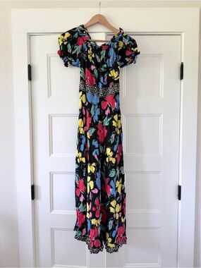RIXO Black Floral Off-Shoulder Dress with Pink Red Blue & Yellow Flowers 0